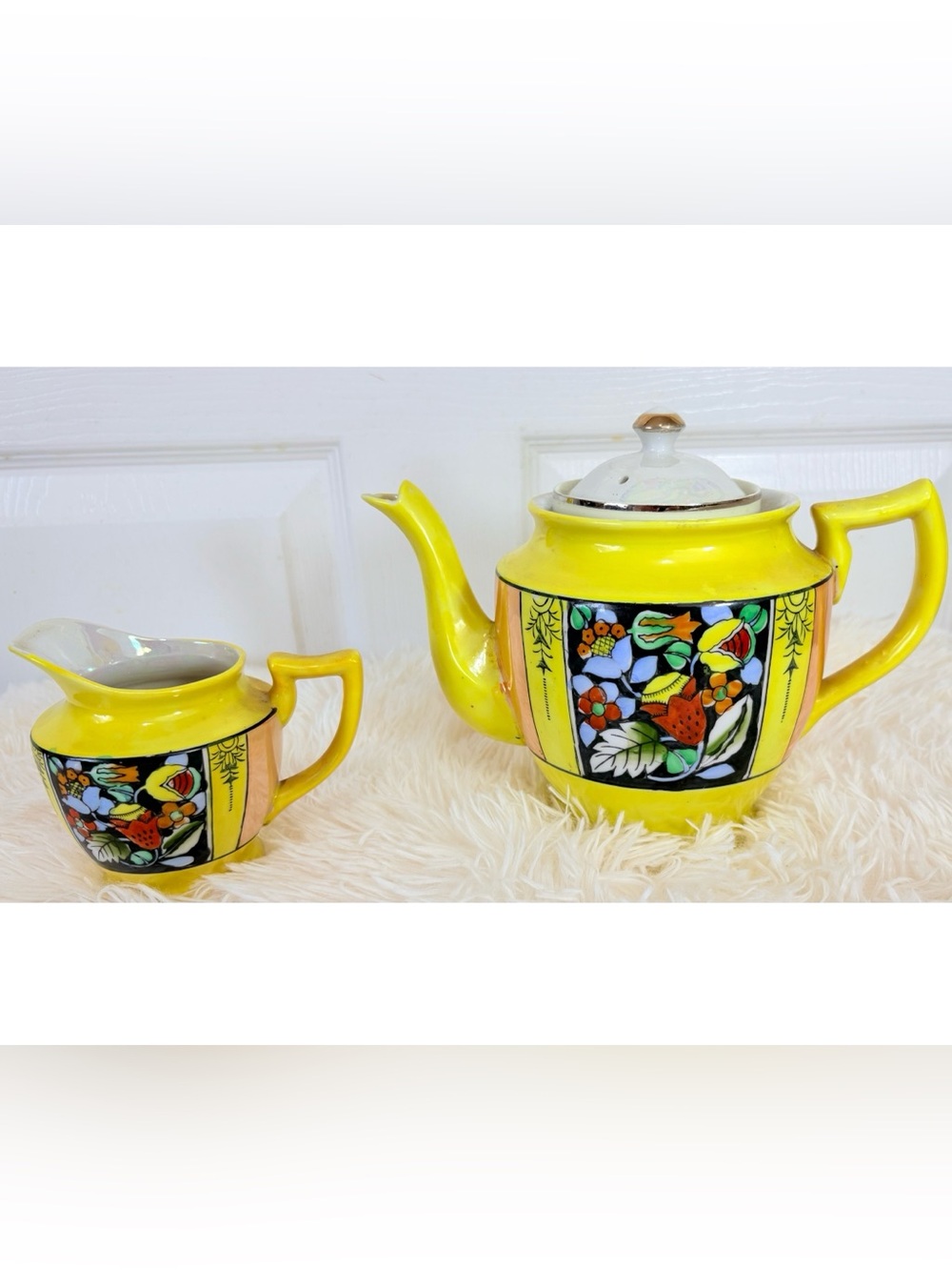 Vintage Japanese Lusterware Chartreuse Teapot and creamer